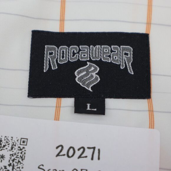 Rocawear Shirt Mens L White Orange Striped Large Spellout Short Sleeve Button Up - Picture 2 of 16